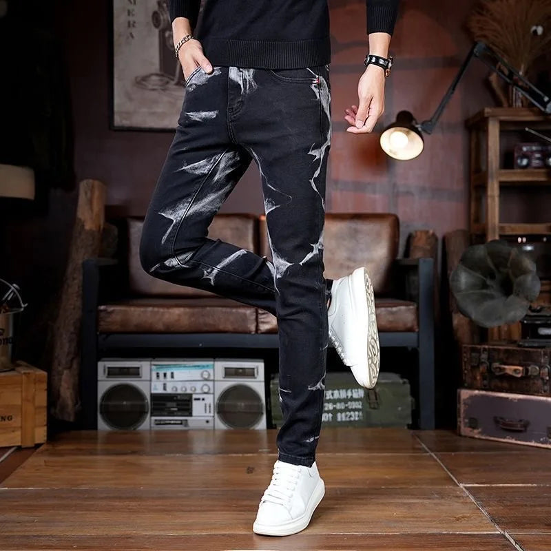 Spring and Autumn New Fashion Trend Retro Printed Straight Leg Elastic Jeans For Men's Casual Sports Comfort High-Quality Jeans