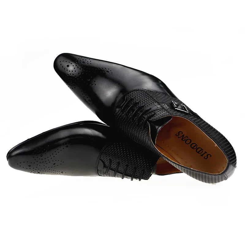 Mens Formal Genuine Leather Shoes Fashion Zapato Social Male Wedding Dress Loafer Weave Printing Lace-up Daily Brogue Shoes