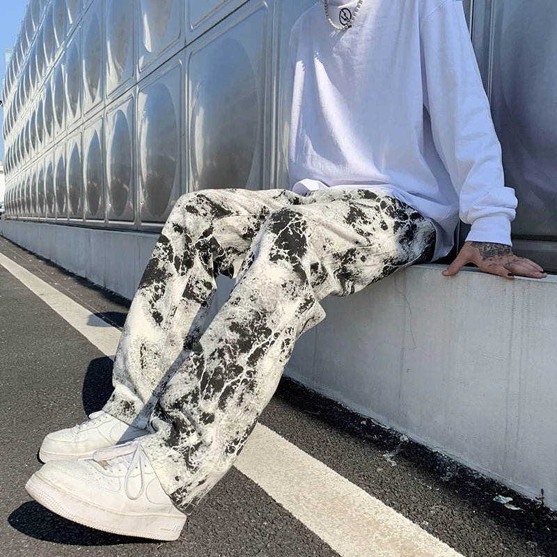 Printed jeans Unisex Elastic waist Spring 2025 Mopping Trousers Jeans Mens Fashion Korean Style High Street Loose Hip Hop Pants
