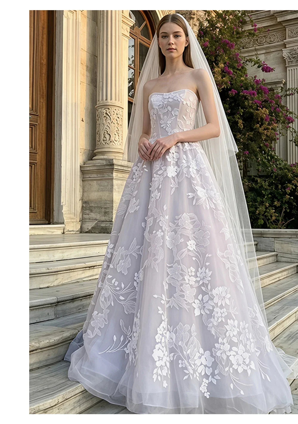 2026 Elegant Strapless Wedding Dress 3D Floral Lace Applique Tulle Ball Gown Court Train Bridal Gown Custom Size Vestidos