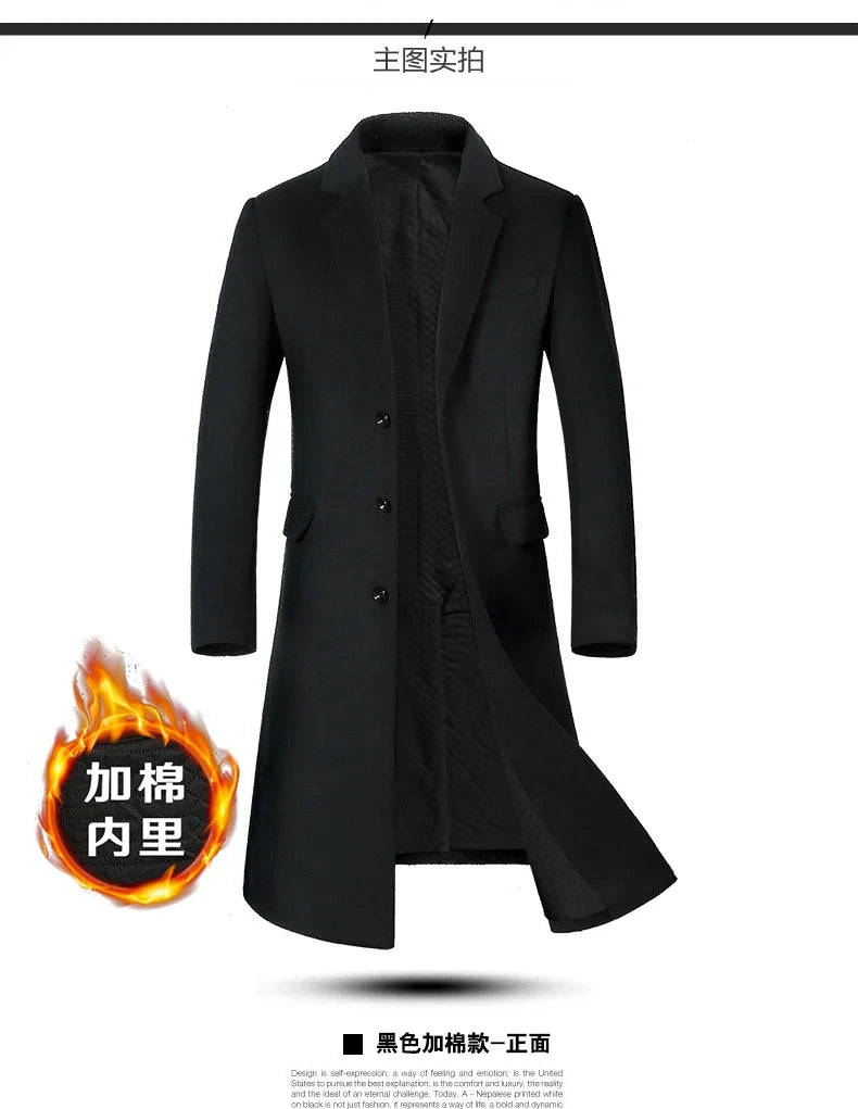Men's High-Quality Autumn Winter Wool Coat Long Fashion Trench Coat Over-the-Knee Thick Cotton M-4XL