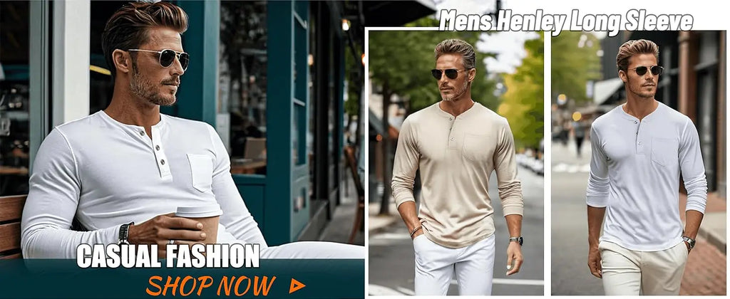 Henry Neck Long Sleeves Men's High Quality Cotton Henley Shirts Casual Button T-Shirt with Pocket Placket Fitted Tees