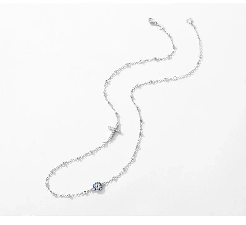 Simple Cross Beads Necklace Real 925 Sterling Silver Blue Zirconia Eye Link Chain Necklaces For Women Party Fine Jewelry
