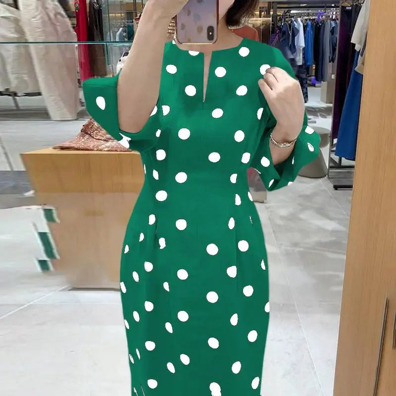 Elegant Women Dots Print Dress 2024 Summer Slim 3/4 Sleeve Vestidos Fashion V-Neck Party Midi Robe Office Pocket Dresses