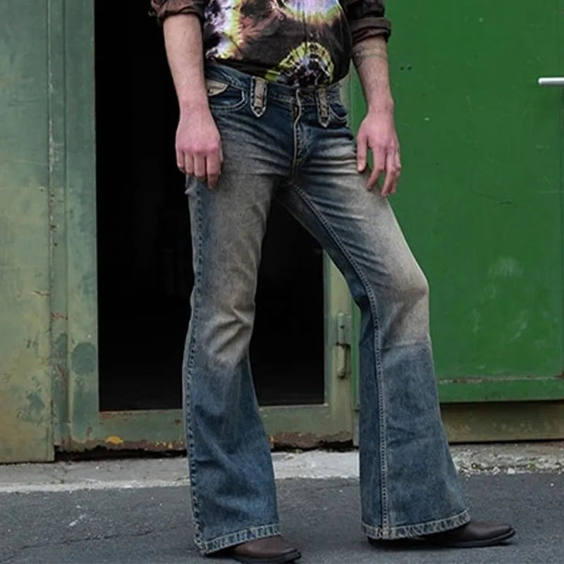 Vintage Men's Solid Straight Jeans Men High Street Button Denim Flare Pants