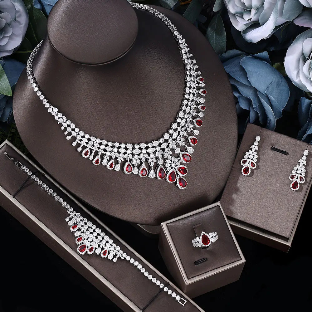 4 pieces of bride zirconia full set of women's party jewelry, luxury Dubai Nigeria CZ luxury crystal wedding necklace set