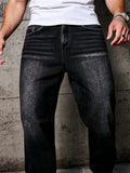 1pc Vintage Style Men's Black Washed Distressed Loose Wide Leg Relaxed Straight Jeans, Perfect Gift for Husband, Boyfriend