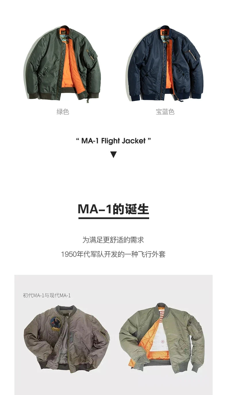 Vintage MA1 Pilot Jacket Green Thickened Cotton-padded Jacket Casual Baseball Pockets Flight Zipper Outwear for Men's Fall