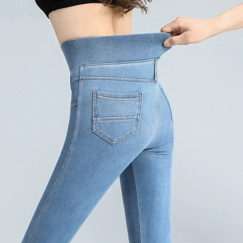 Woman Jeans Pants Elastic Waist High Waist Winter Stretch Feet Pants