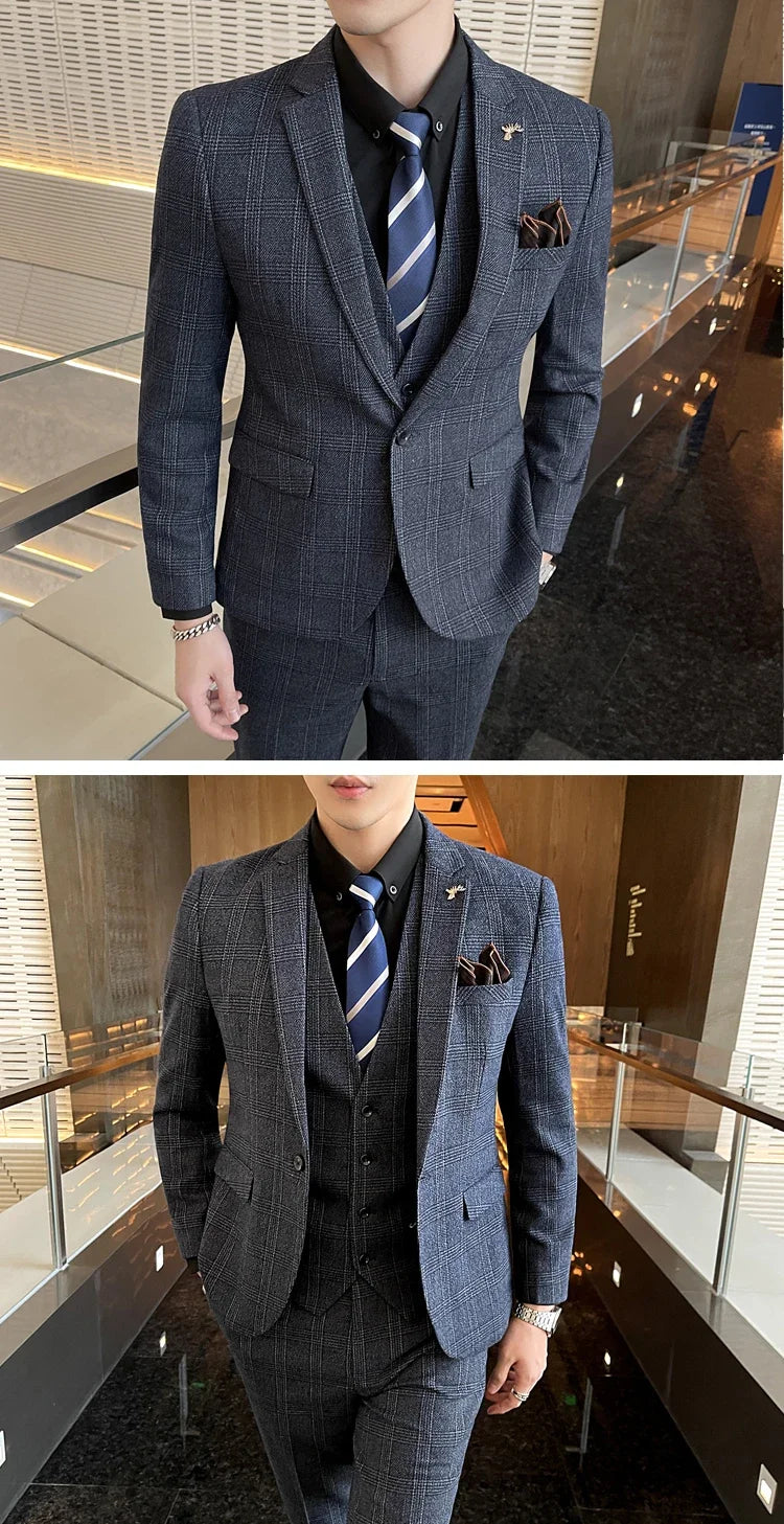 Boutique Suits (Blazer+ Vest + Pants) Men Fashion Hosting Work Business Wedding Casual Linen Art Style Elegant Gentleman's Suit