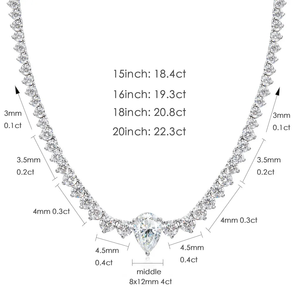 GRA Certified Moissanite Tennis Necklace with 4ct Pear Cut Pandent Solid 925 Silver Wedding Tennis Necklaces for Women