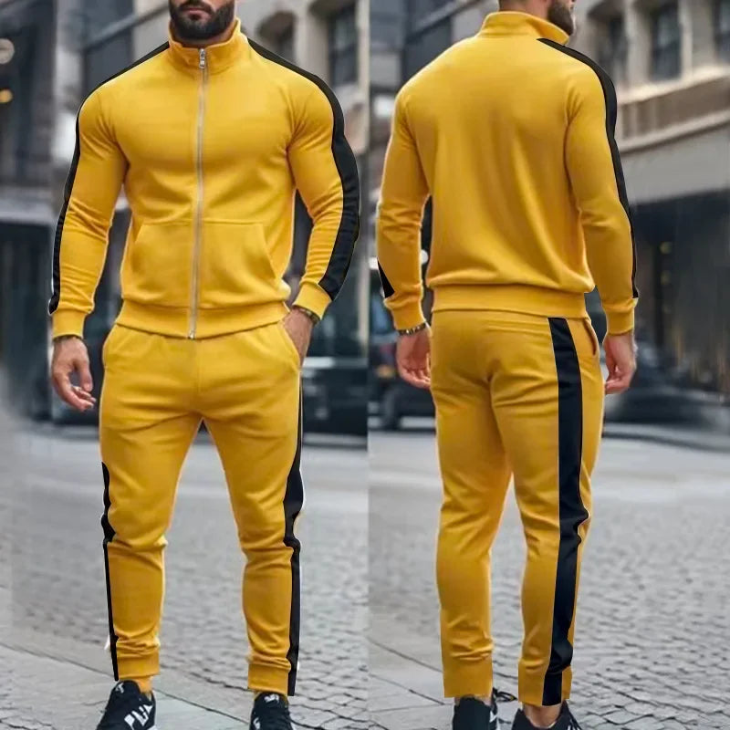 2025 Spring Autumn Men's 2-Piece Set Color Blocking Zipper Stand Collar Casual Sports Jacket Sweatshirt Trousers Suit