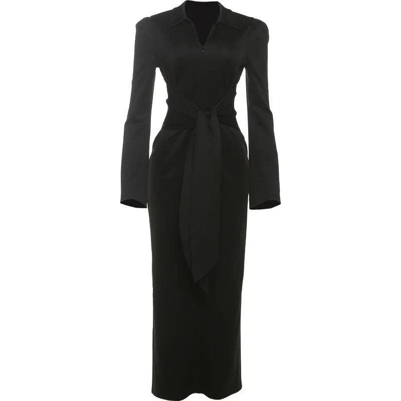 Sexy Maxi Dress Women Shoulder Padded Zip Wrapped Bandage Long Sleeve Slit Elegant Solid Office Simple Skinny Bodycon