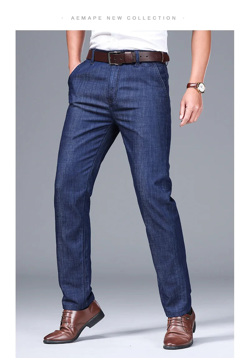 Modal Fabric Spring Summer Men's Black Thin Straight Jeans Classic Style Business Fashion Stretch Loose Jeans Male Brand