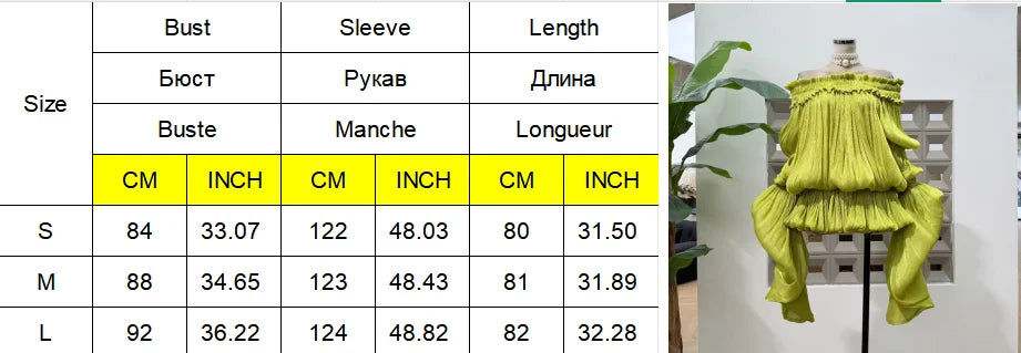 Lime Green Off-shoulder Pleated Short Dress Chic Smocked Waist Bubble Vistidos Women's Tiered Full Sleeve Beach Club Party Gown