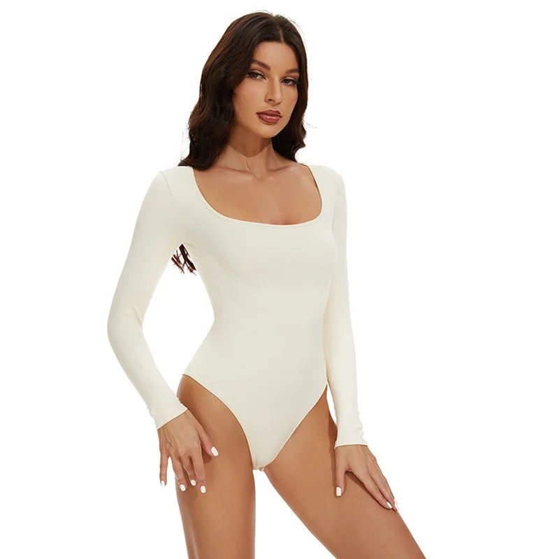GUUDIA Open Crotch Big U Neck Seamless Bodysuit Long Sleeve Spandex Elastic Body Suit Shapewear Tummy Control Waist Shapers