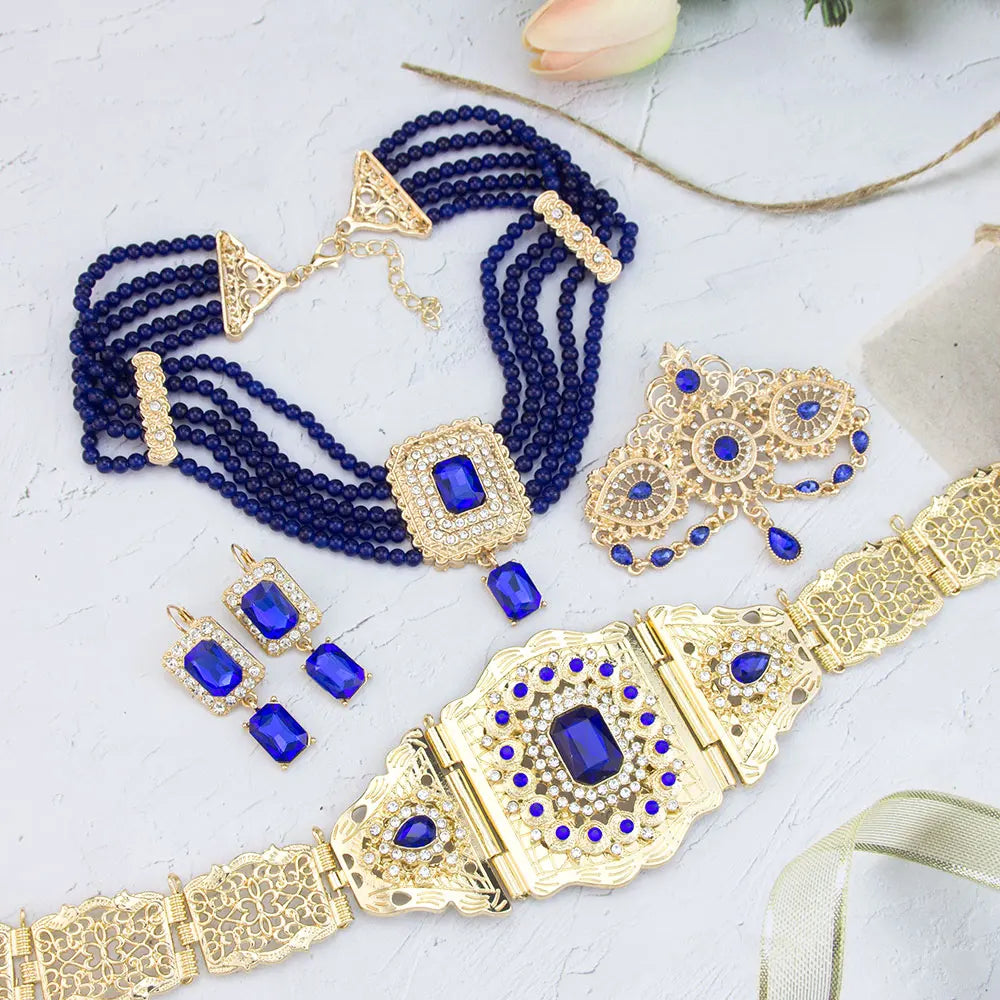 Chic Moroccan Bridal Jewelry Women Caftan Belt Waist Chain Bead Choker Necklace Crystal Earring Brooch Pin Gold Color