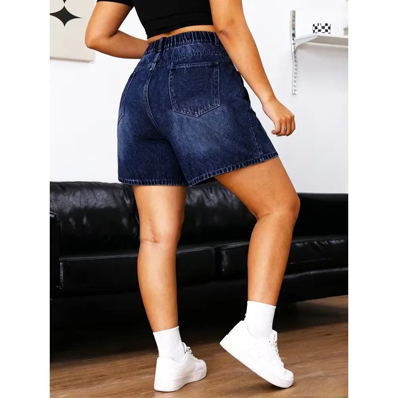 Plus Size Retro Deep Blue Elastic Washed Denim Shorts Women Summer New Y2k Streetwear High Waisted Loose Jean Shorts