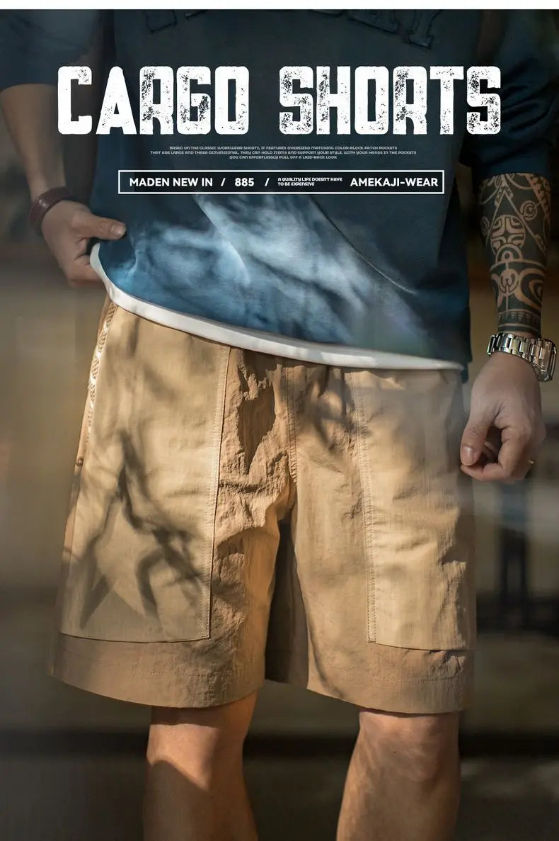 Outdoor Quick-Dry Khaki Cargo Shorts Men's Summer Lightweight Woven Straight Leg Beach Pants Elastic Waist Pocket Shorts