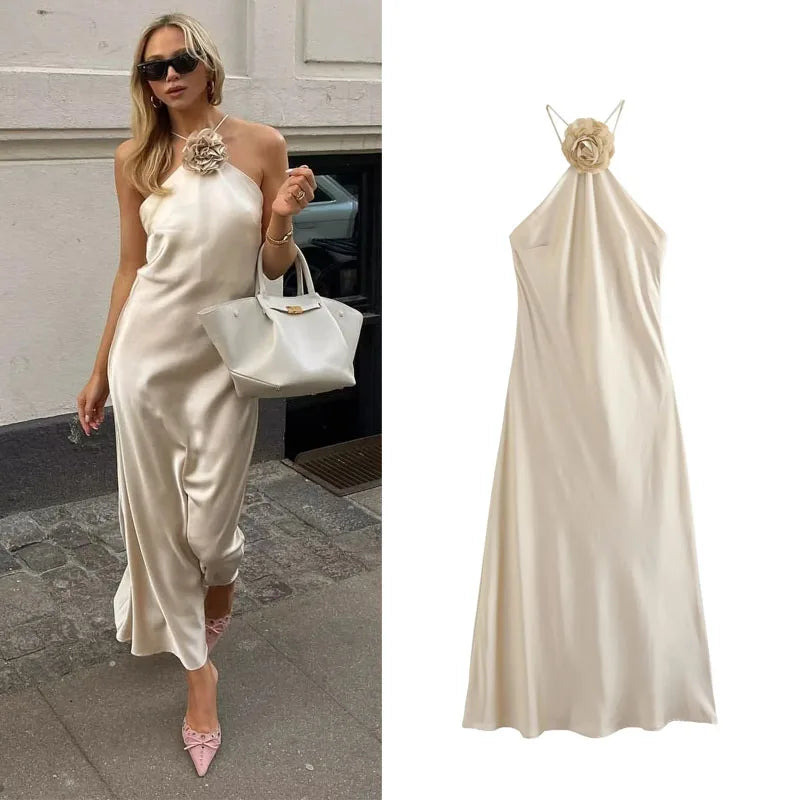 Flower Halter Dress Woman Off Shoulder Satin Long Dress