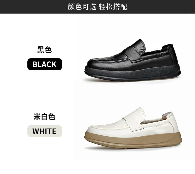 Spring Summer New Genuine Leather Shoes Men Solid Color Fashion Loafers Male Soft Sole Anti-slip Height-increasing Loafers Man