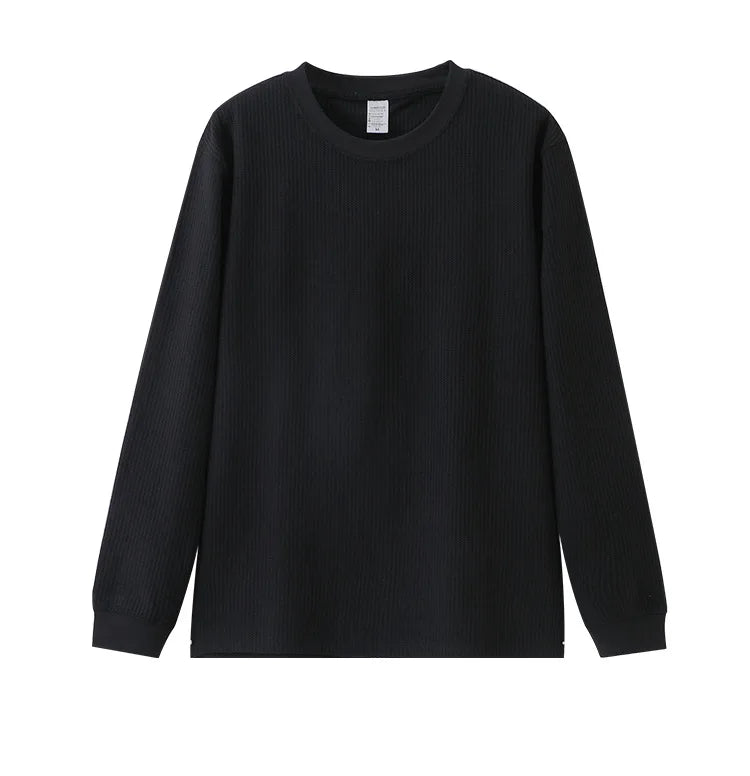 Autumn Lightweight Waffle Knit Base Layer Top  Men - Fashionable Loose Fit Versatile Long-Sleeved Round Neck T-Shirt/Sweatshirt