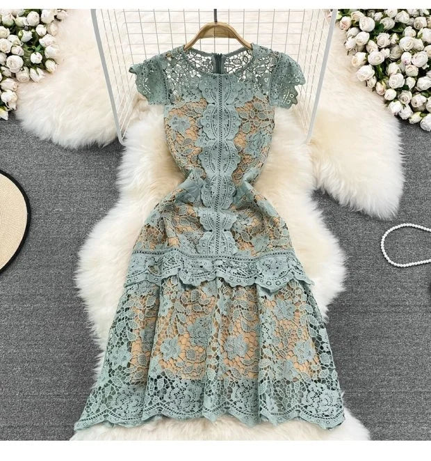 Retro Court Sle round Ne Fly Sve Slimming Soluble Hook Flower Hollow A-Line Dr Summer New Arrival Women's Faion