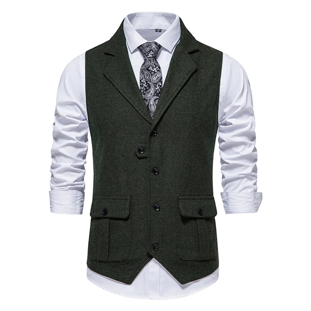 Tailored Collar Vest for Men Single Breasted Herringbone Tweed Suit Vest Mens Formal Striped Waistcoat Punk Groomsmen Wedding