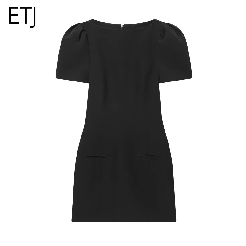 2025 women's new products are elegant and stylish Short dress with a boat neck and short sleeves with pleats  black dress