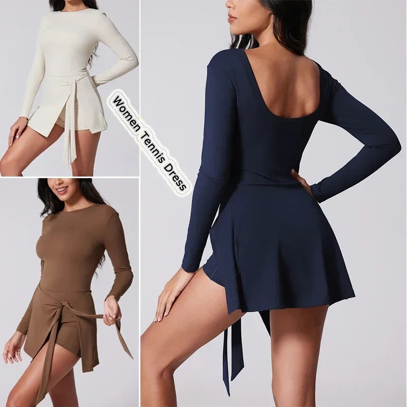 Womens High Neck Tennis Dress Long Sleeve Sarong Wrap Skirt Built in Shorts Golf Athletic Dress Workout Rompers