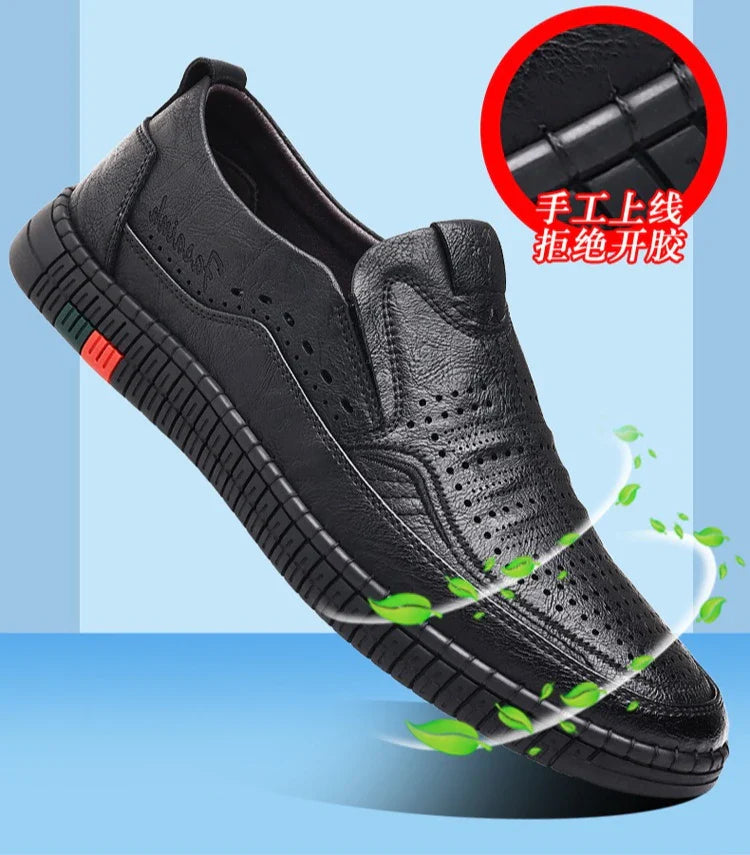 Summer New Breathable Hallow Leather Shoes for Men Solid Color Fashion Casual Driving Shoes Male Low Top Flat Shoes Man