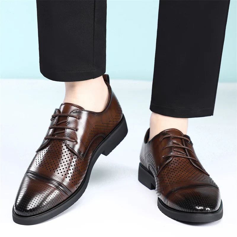 Men's Summer Breathable Leather Shoes Hollow out Fashionable Slip-On Comfortable Anti-Slip Soft Bottom Derby Shoes-SJ2501-1