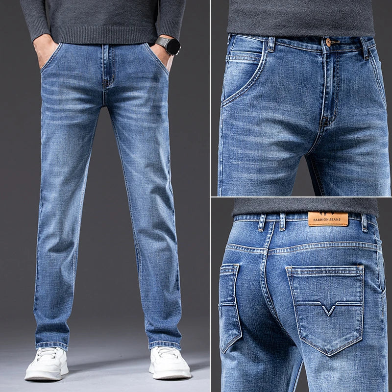 2025 New Men's Stretch Regular Fit Jeans Business Casual Classic Style Fashion Denim Trousers Male Black Blue Gray Pants