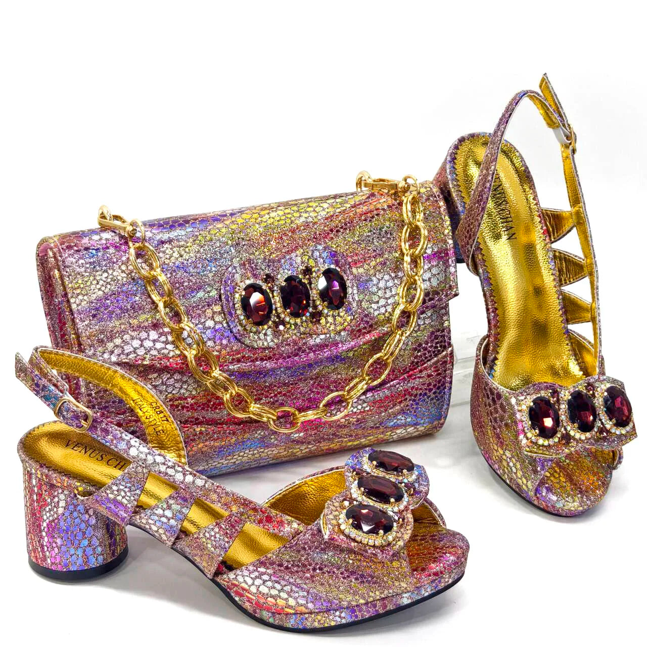 Shiny Peep Toe Women Chunky Heel Fashion Rhinestone Decoration Shoes And Bag Set