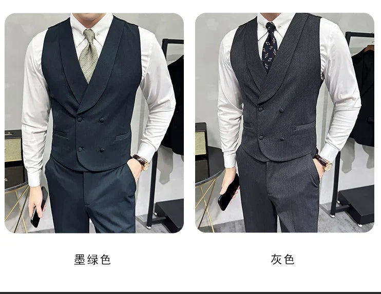 High-end Double-breasted Suit Vest With Pants 2024 New Men Fashion Slim Business Casual Best Groom Wedding Dress Vest  2 Pcs Set