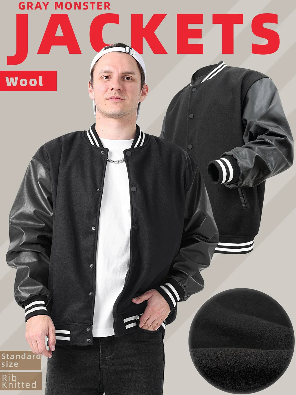 Men's Classic Varsity Jacket with Faux Leather Sleeves Letterman Style Baseball Coat Color-Block Lightweight Men's