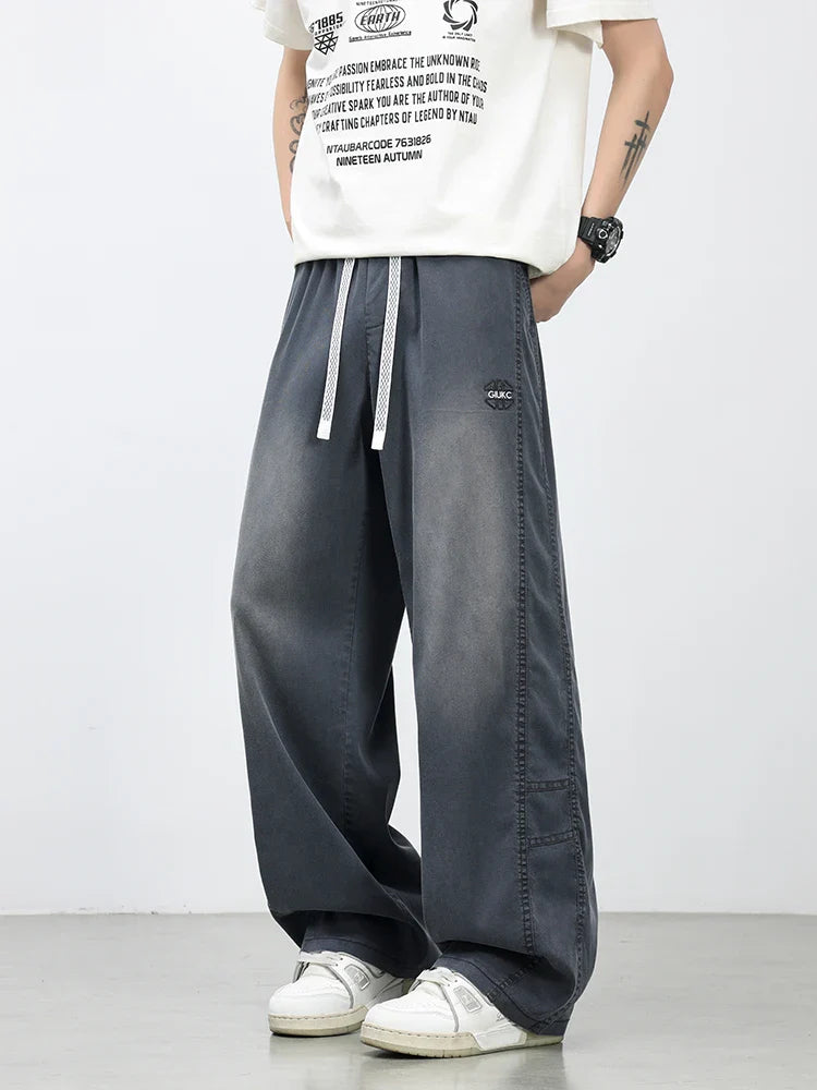 Summer Lyocell Men's Jeans Soft Elastic Washed Casual Pants Loose Lightweight Embroidery Wide Leg Straight Denim Trousers