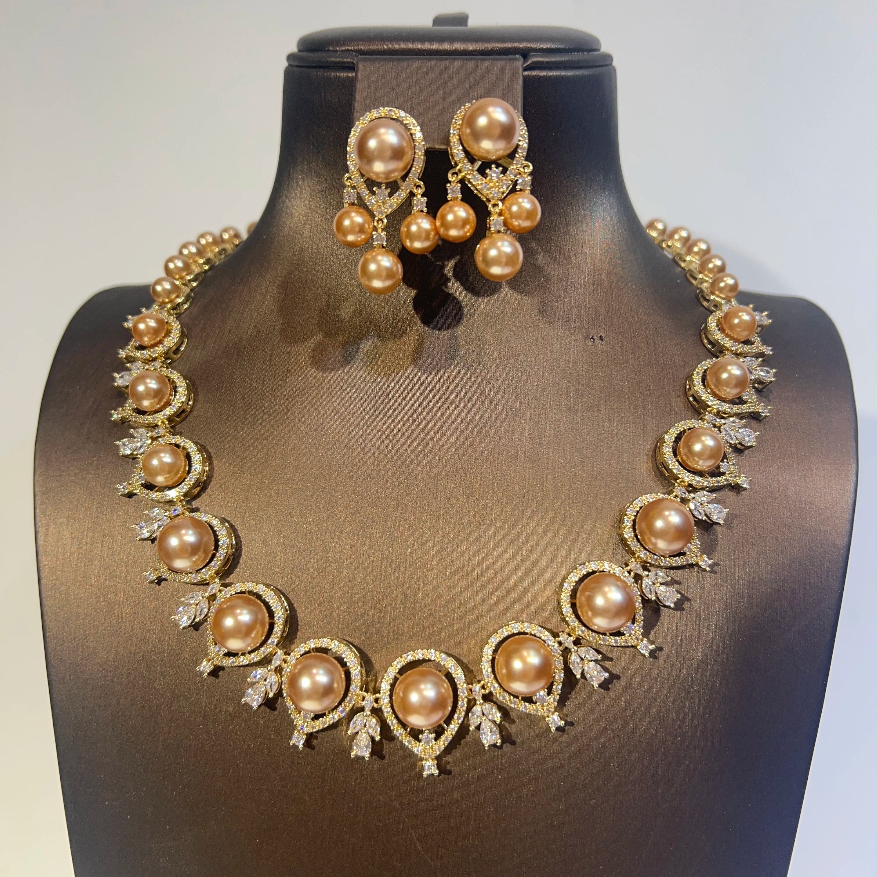 Luxury Round Shape Gold Color Pearl Necklace 2 Pieces Set , Bridal Wedding Dubai Saudi Jewelry for Women's Party