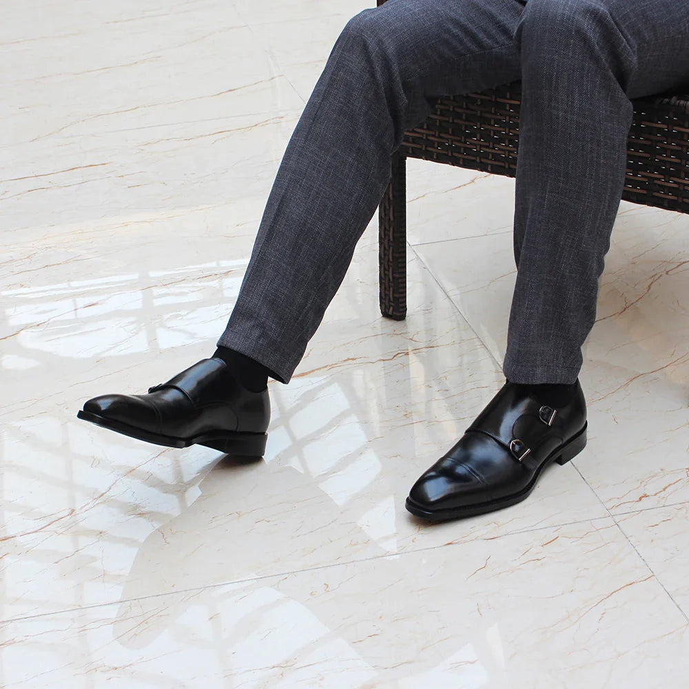 Luxury Genuine Leather Double Buckle Monk Strap Formal Shoes for Men Classic Cap Toe Business Office Wedding Dress Shoes