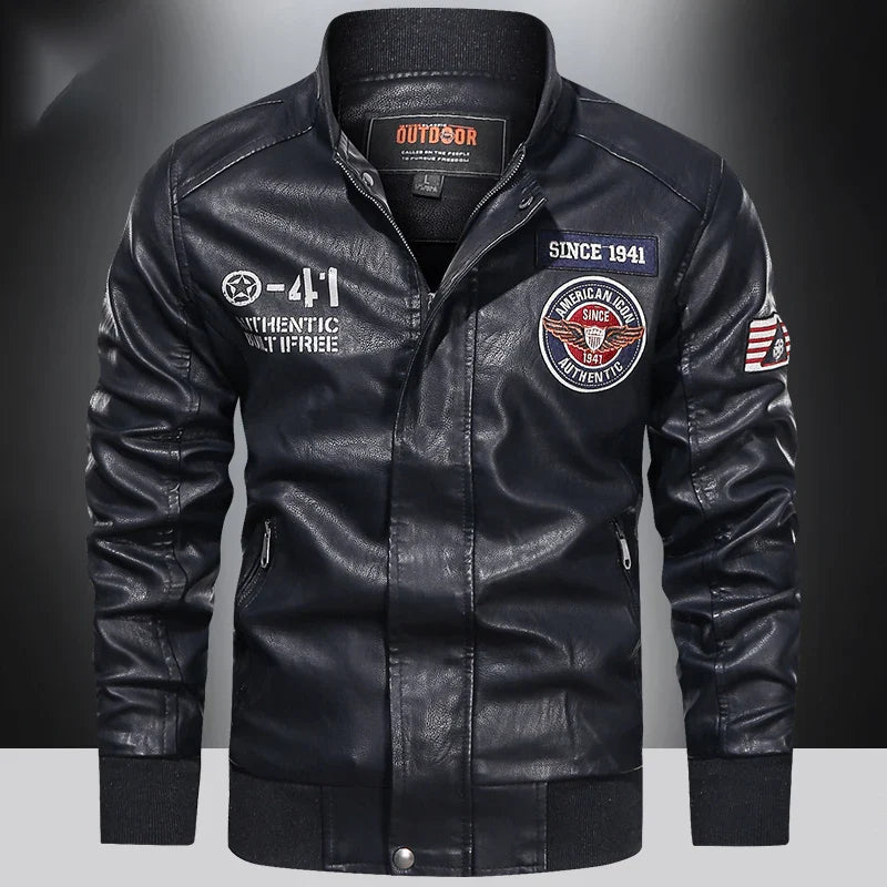 Men’s PU leather motorcycle jacket, color block pilot style, baseball collar, spring autumn, M–XXL