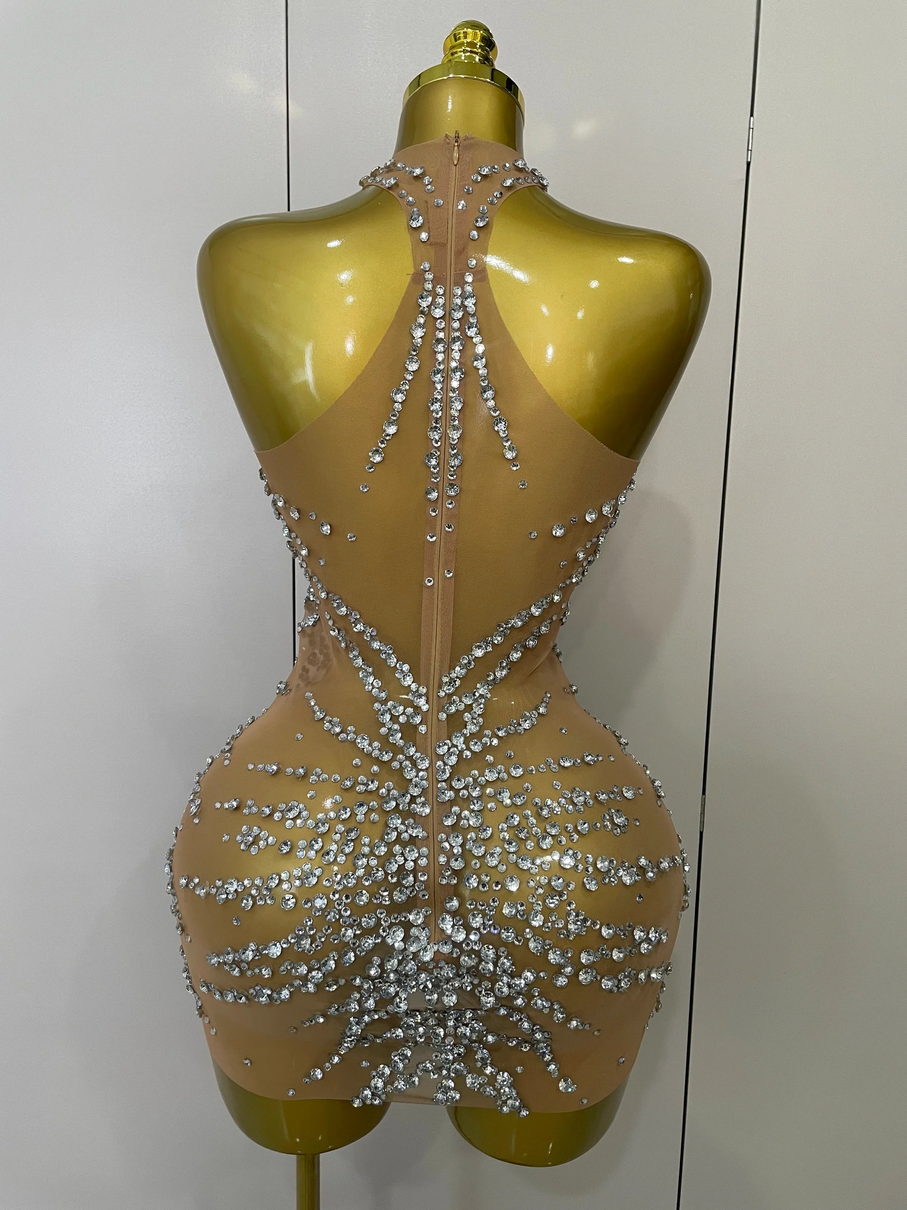 Sparkly Rhinestones Sexy Mesh See Through Dress Party Evening Prom Celebrate Birthday Dress Singer Dancer Show Stage Wear
