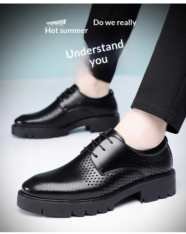 Summer Hollow Out Breathable Men Height Increasing Oxford Shoes 8/10CM Formal Business Dress Wedding Party Elevated Leather Shoe