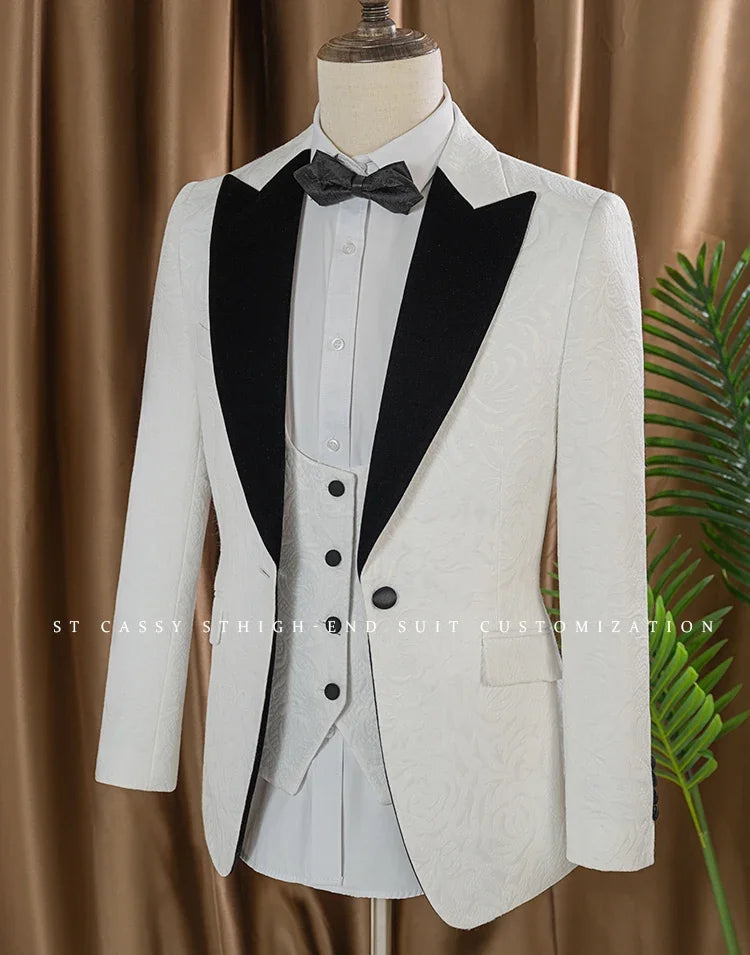 3-piece set man suit（Jacket+vest+pants）groom's wedding suit set men's white slim fit shawl collar‌ evening gown full set