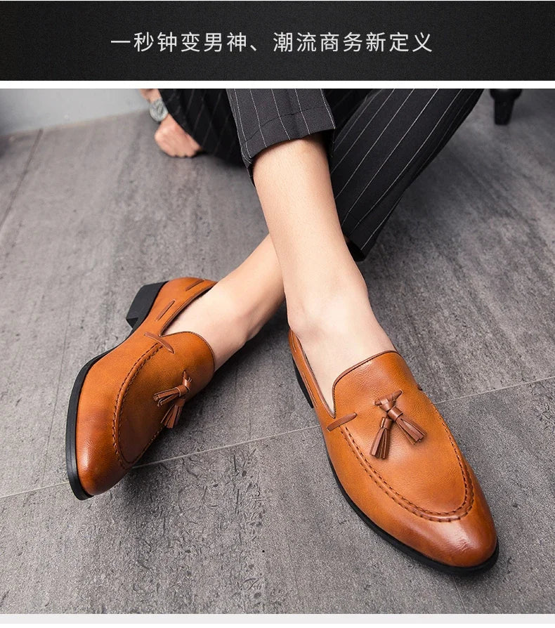2025 New Men Leather Shoes Pointed Toe Formal Dress Shoes Slip On Men Loafer Tassel Shoe Zapatos Hombre