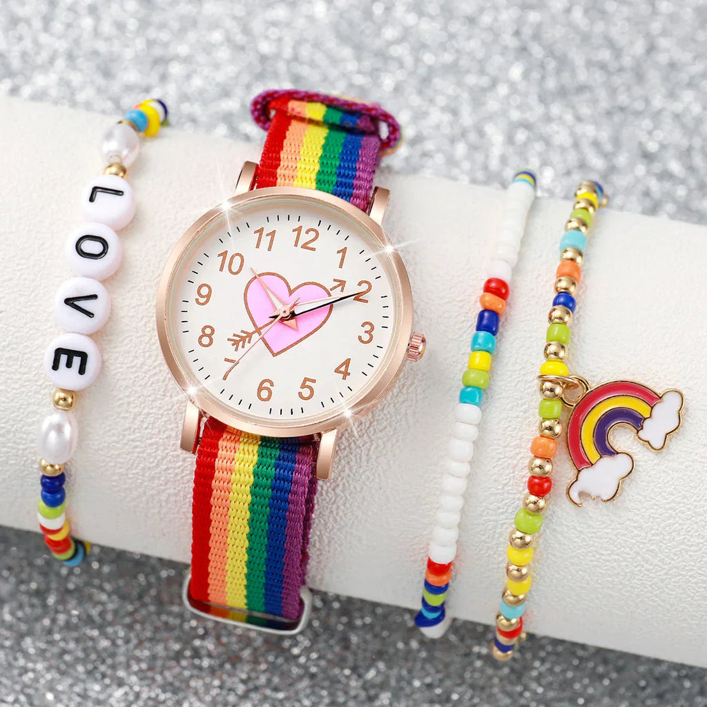 4PCS/Set Fashion Heart Dial Women's Watch Nylon Band Quartz Watch Rainbow Beads Bracelets Set