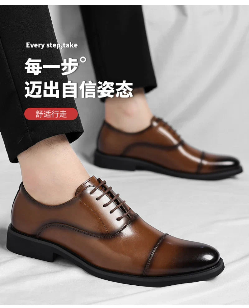 Mens Brown Gradient Leather Cap Toe Oxford Dress Shoes Lace Up Formal Business Office Work Daily Wear Comfortable Non Slip Shoes