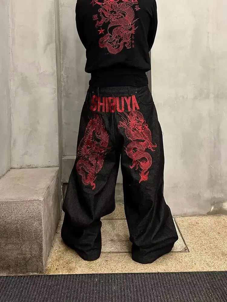 American retro embroidered pattern hip-hop jeans suitable for both men and women Y2K street cool floor length wide leg pants