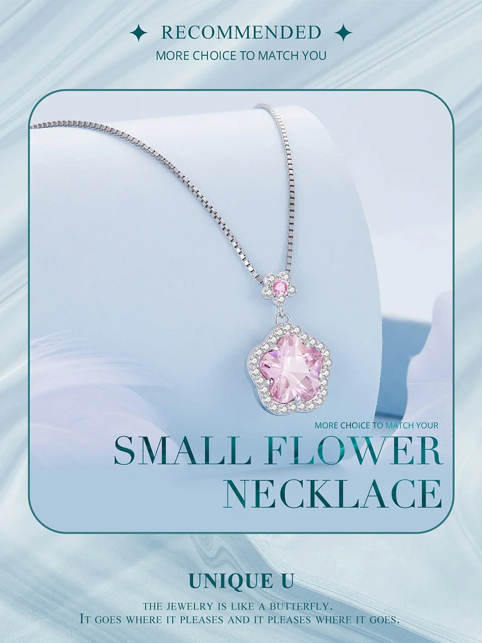 925 Sterling Silver Pink Flower Pendant Necklace Little Star Neck Chain Pave Setting CZ for Women Valentine's Day Gift