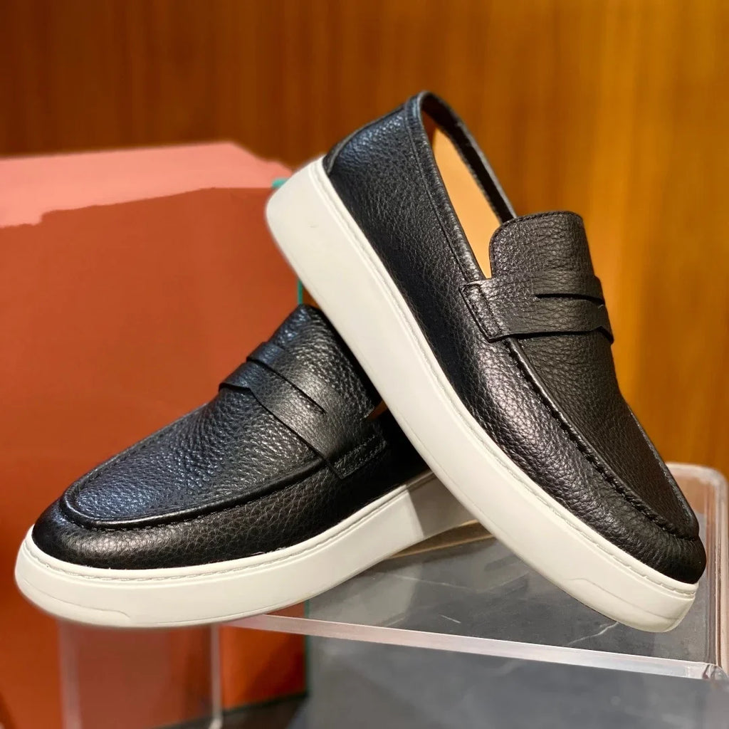 2026 New Men Genuine Grain Leather Penny Loafers Slip On Platform Non Slip Soft Sole Business Casual Driving Daily Walking Shoes