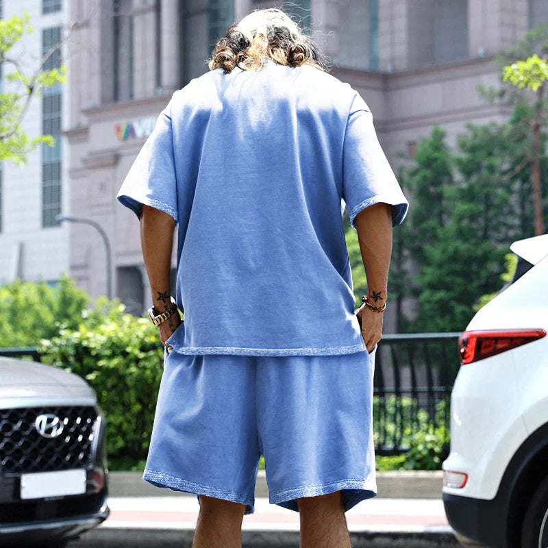 2024 Summer New Men's Set Japanese Style Plus Size Casual Loose Sports Suit Short Sleeve T-shirt Shorts Two-piece Men's Clothing